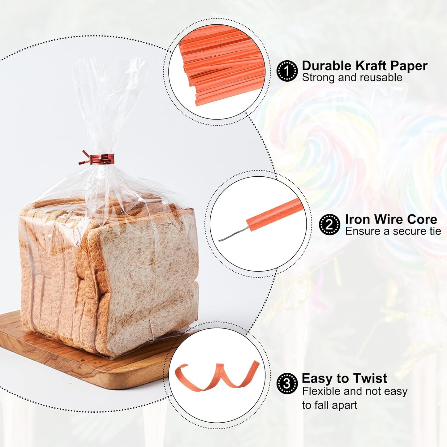 HARFINGTON 1000pcs Bag Twist Ties 3.5" Reusable Kraft Paper Twist Ties Wire Cable Ties for Party Bread Candy Cake, Orange