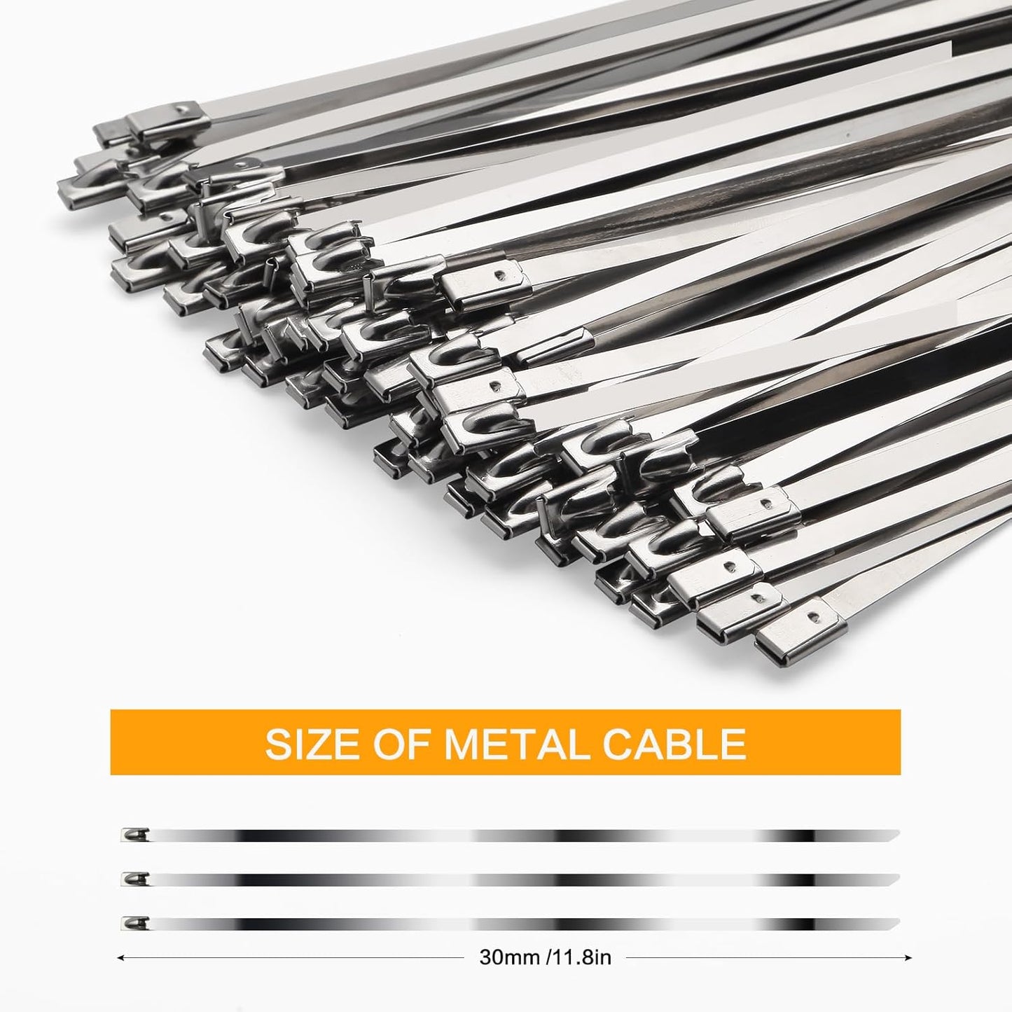 Metal Zip Ties 11.8 inch 100pcs 304 Stainless Steel Zip Ties Heavy Duty Multi Purpose Self Locking Cable Ties for Outdoor, Fence, Garden, Farm Automotive Applications Like Exhaust Packaging etc
