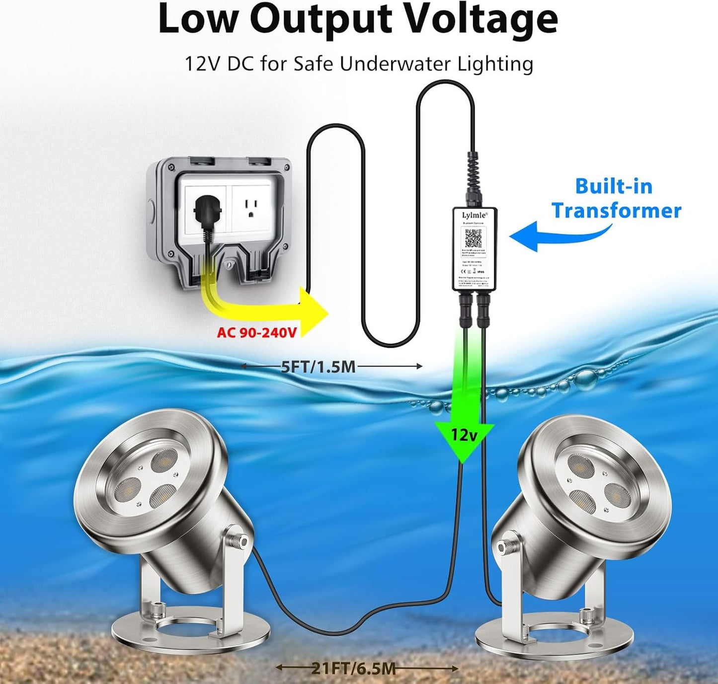 LyLmLe LED Pond Lights with APP Control, 6W SS316 Stainless Steel RGB Underwater Fountain Light with 12V Transformer, IP68 Waterproof Outdoor Underwater Lights for Pond Waterfall, Black Wire(2-Spots)