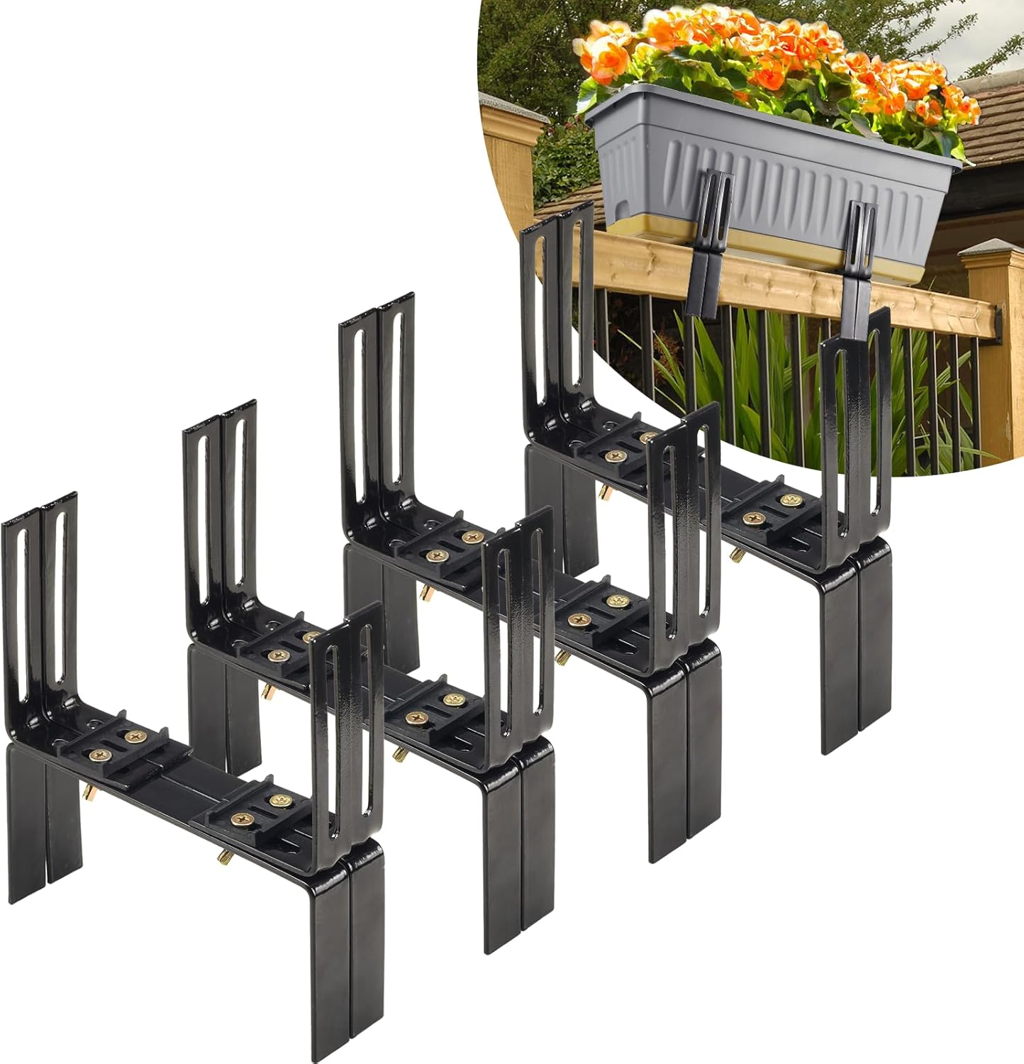 Deck Railing Planter Stand, Retractable Balcony Plant Holder for Window Box Planter, Handmade Steel Rectangular Flower Box Clip for Windowsill, Garden, Patio Fence, Front Porch