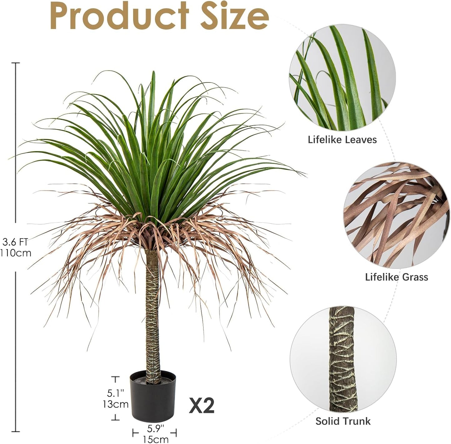 Hollyone 2 Pack Artificial Agave Tree, 3.6Ft Faux Yucca Plant in Pot, Green, Polyester, Indoor/Outdoor Decor, Housewarming Gift