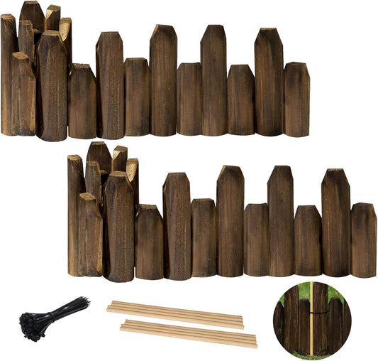 Wood Garden Edging, Staggered Wooden Fence Border Decorative Small Picket Panels for Gardens and Landscaping (2PACK)