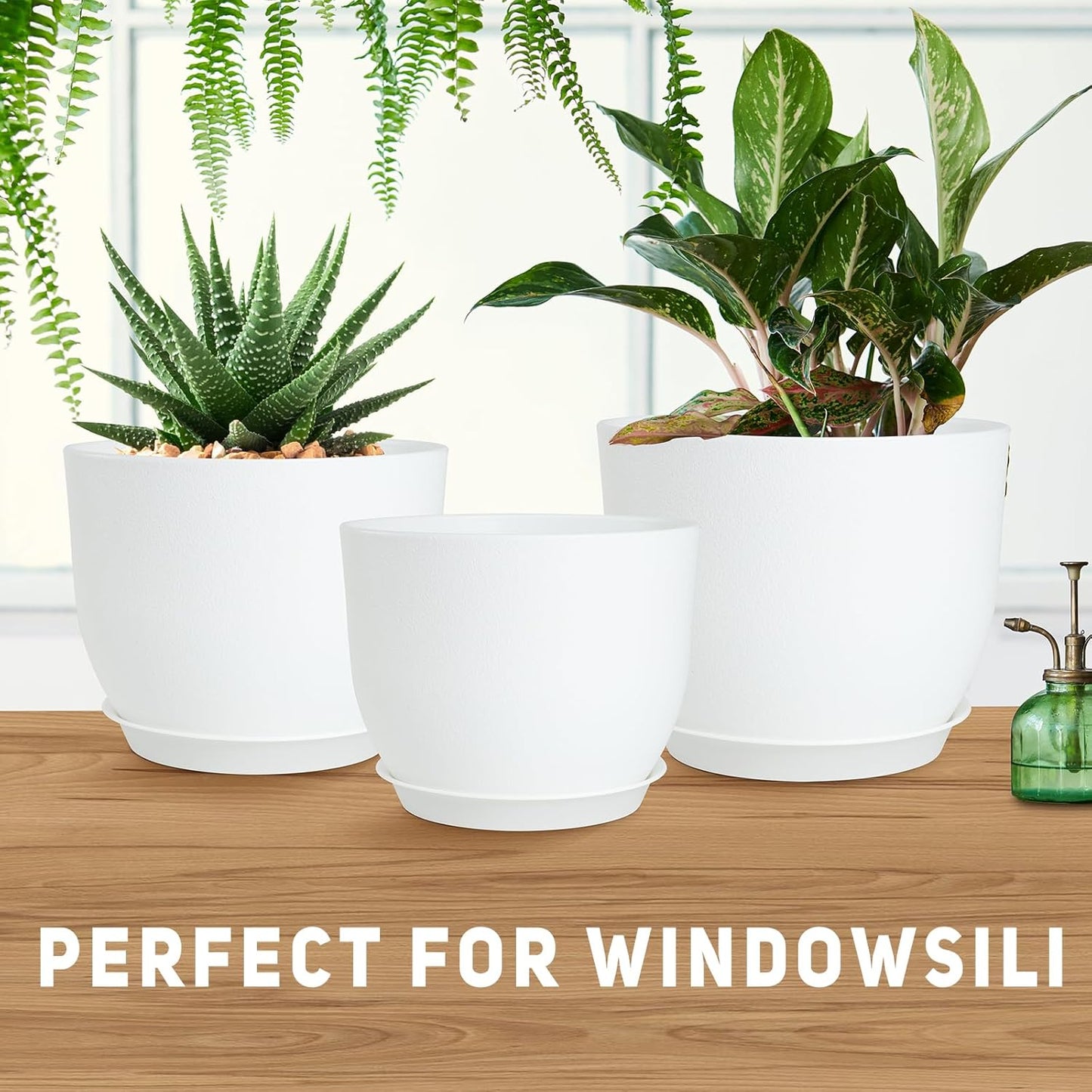 Plant Pots 10/9/8/7.5/7 inch Flower Pots with Multi Mesh Drainage Holes, Planters for Indoor Outdoor Garden Plants and Flowers. (White)