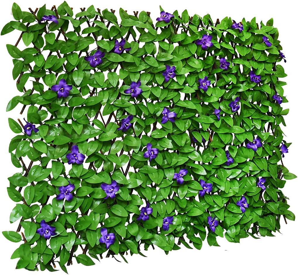 Expandable Fence Privacy Screen for Balcony Patio Outdoor,Decorative Faux Ivy Fencing Panel,Artificial Hedges (Single Sided Leaves) (4, Green Flowers)