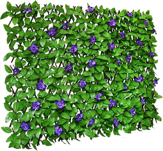 Expandable Fence Privacy Screen for Balcony Patio Outdoor,Decorative Faux Ivy Fencing Panel,Artificial Hedges (Single Sided Leaves) (4, Green Flowers)