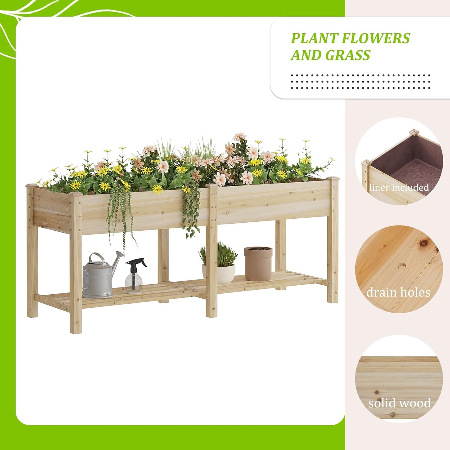 Raised Garden Bed, Planter Box with Storage Shelf, Elevated Wooden Box with Legs, Garden Planter for Backyard, Patio, Balcony, Natural Wood (Natural, L)