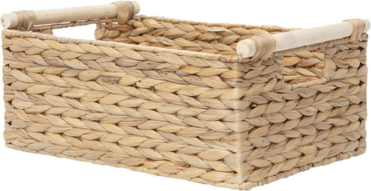 Handmade Water Hyacinth Woven Storage Baskets with Wooden Handles, Rectangle Rustic Organizer Set for Home Decor, Kitchen, Bedroom & Office (Small)