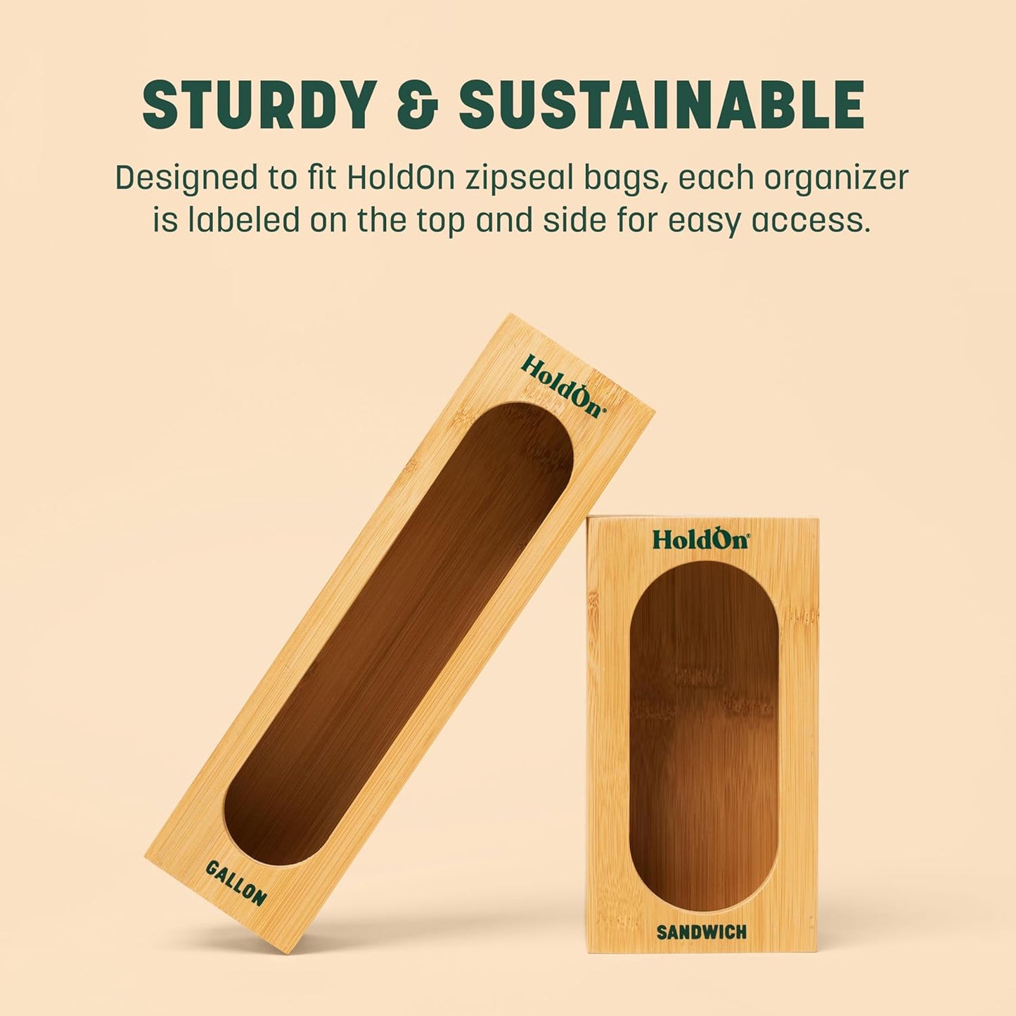 HoldOn Bamboo Gallon Bag Holder - Bamboo, Simple, Individual Organizer, Extra Thick - Food Storage Bag Holder, Space Saving, Renewable Material, Clutter Free