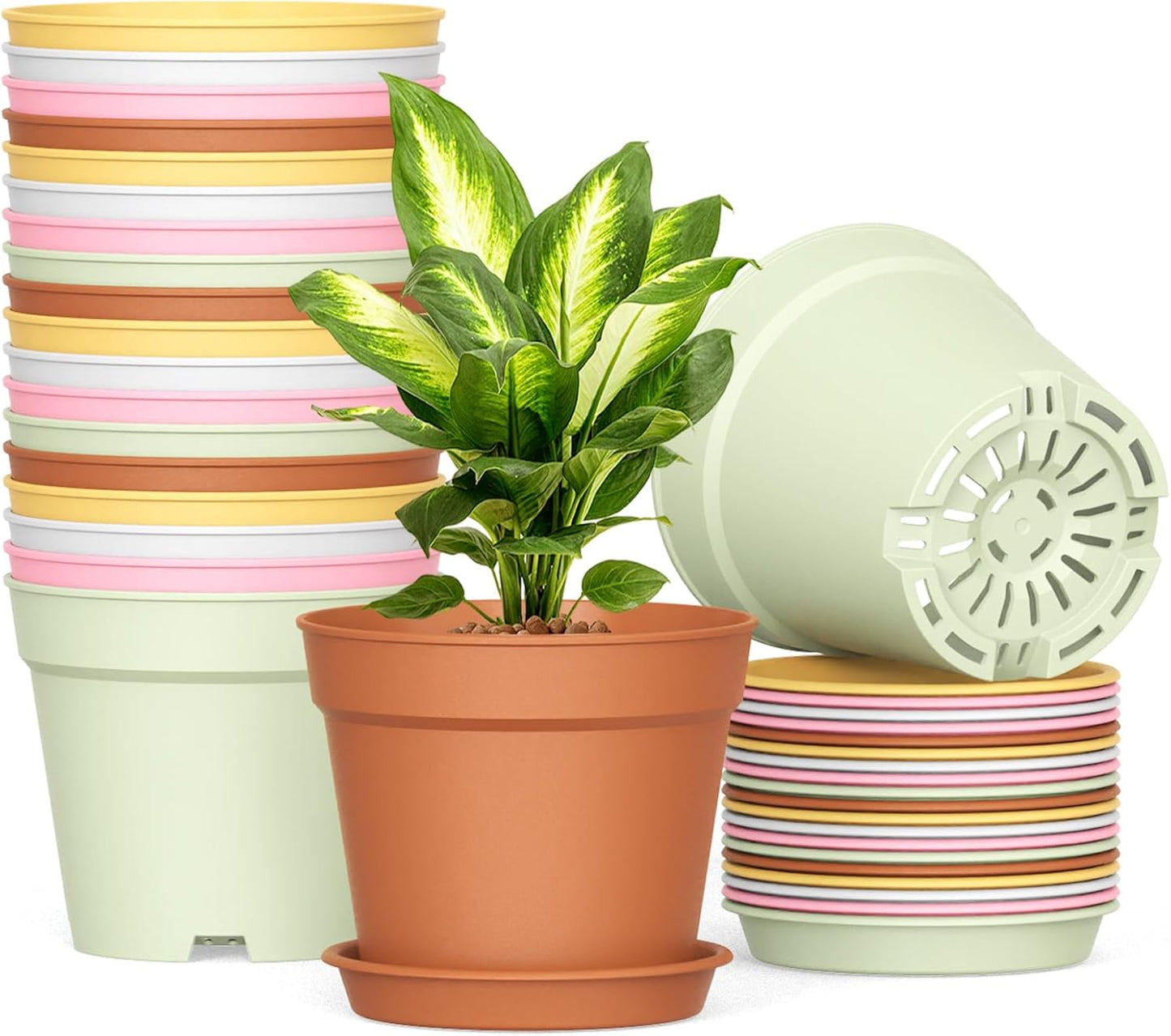 20 Pack 6 Inch Plant Pots with Drainage and Saucers, White Plastic Flower Pots for Indoor and Outdoor Plants, Stackable Nursery Planters for Houseplants and Herbs, Colorful