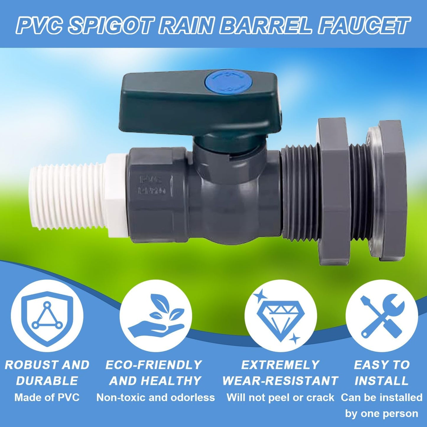 Enoch's Land PVC Rain Barrel Spigot Kit,3/4" Rain Barrel Valve with Bulkhead Fitting and Garden Hose Adapter,Garden Faucet Kit for Water Tanks, Aquariums, Tubs, Pools, Garden Barrels