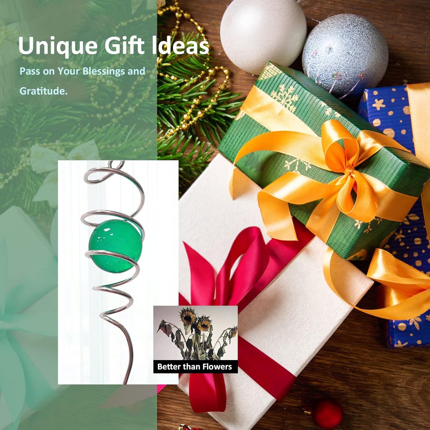 Wind Spinner Tail Gazing Ball Spiral Decorative Wind Spinner Sun Catcher 11inch Tail and 2 inch Glass Orb. Indoor Outdoor Garden Decoration Wind Sculptures-13 inch Height (Green)