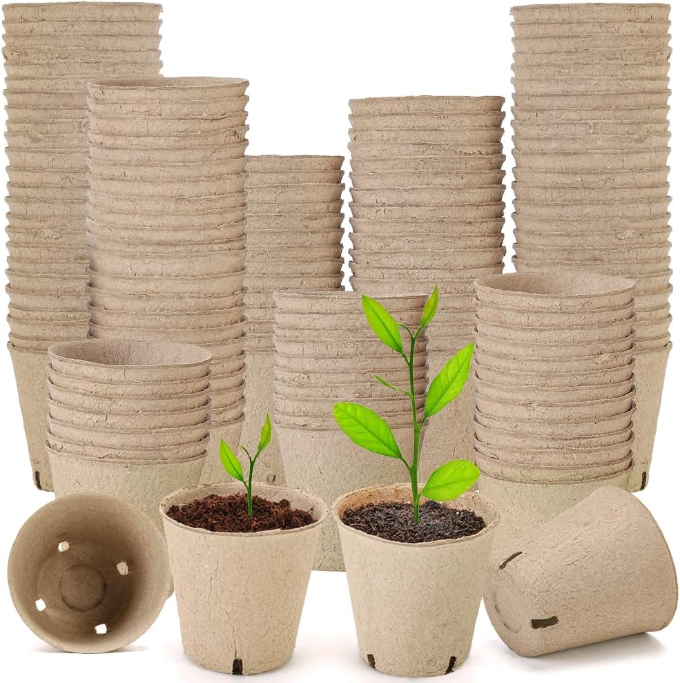 Seed Starter Trays, 174 Pcs 3.15 Inch Round Biodegradable Peat Pots, Drainage Holes Nursery Pot, (Light Brown Round)