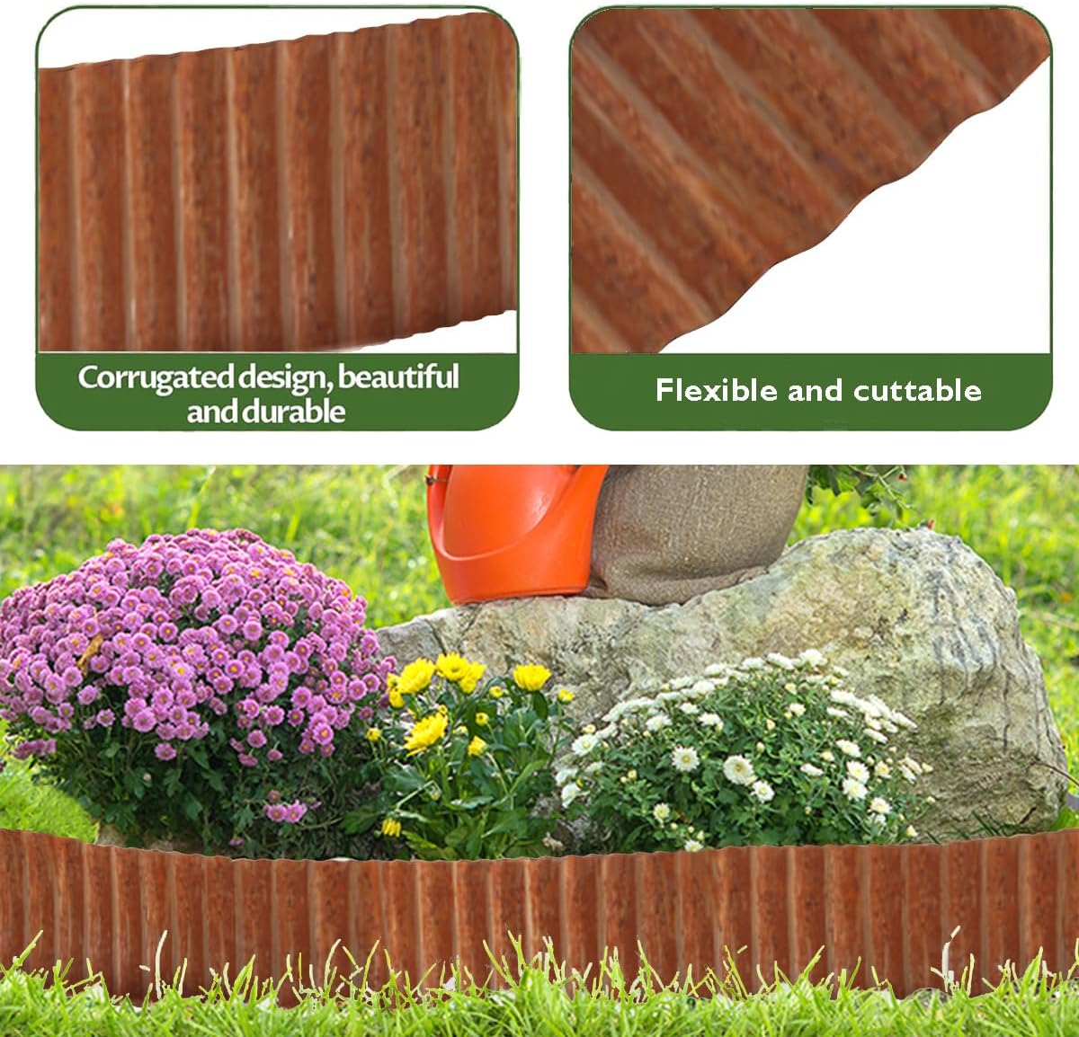 Landscape Edging Border 10in x 20ft- Corrugated Metal Garden Edging-Lawn Edging Borders-Galvanized Edging Long Strips Yard Border for DIY Flower Beds, Plants, Walkways-Brown