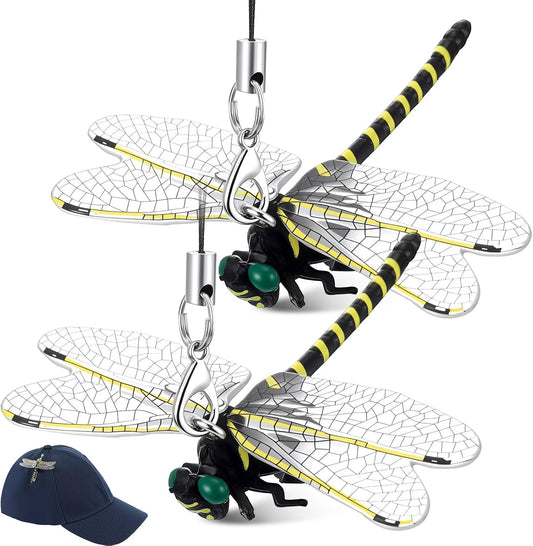 Qualirey 2pcs Dragonfly Hat Clip 2.2inch Realistic Dragonfly Clip with Hook Attach to Backpack Hat Keychain for Indoor Yard Garden Plant Decor
