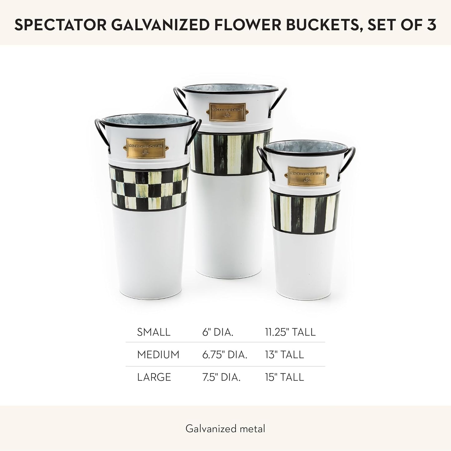 MACKENZIE-CHILDS Galvanized Flower Buckets, Decorative Metal Buckets, Spectator, Set of 3