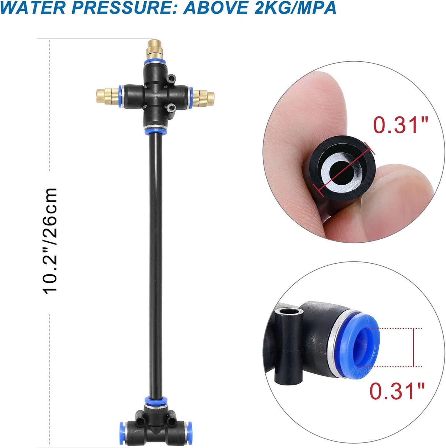 Mornajina 3Packs 3 Way Brass Misting Nozzles Tee with 9inch Built in Hose for Outdoor Cooling System, Adjustable 360° Rotation, Water Mister Nozzles Thread Sprayer 0.043" (1.1 mm)