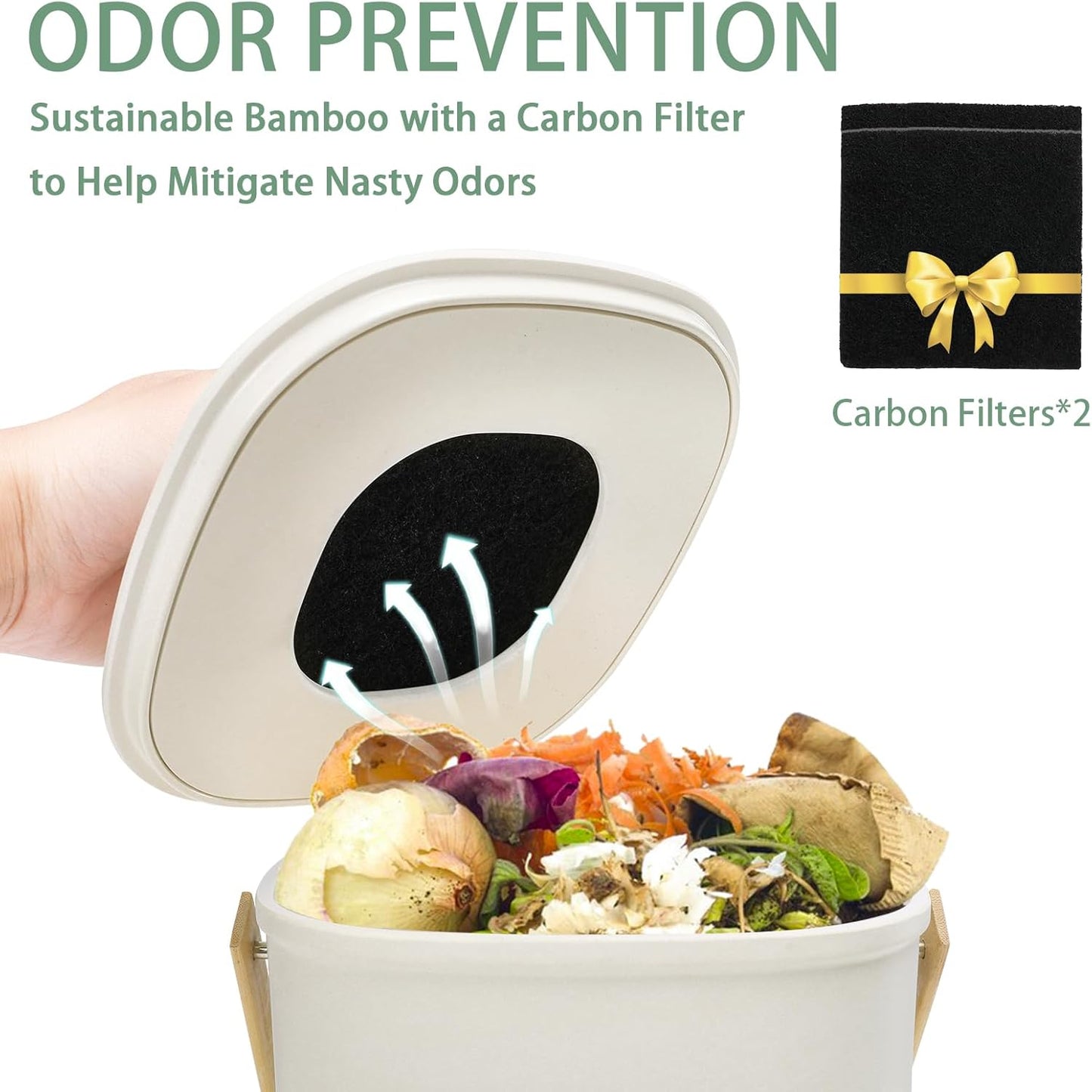 Vipush Bamboo Fiber Compost Bin with Lid Small Countertop Compost Bin Includes Charcoal Filter, Beige