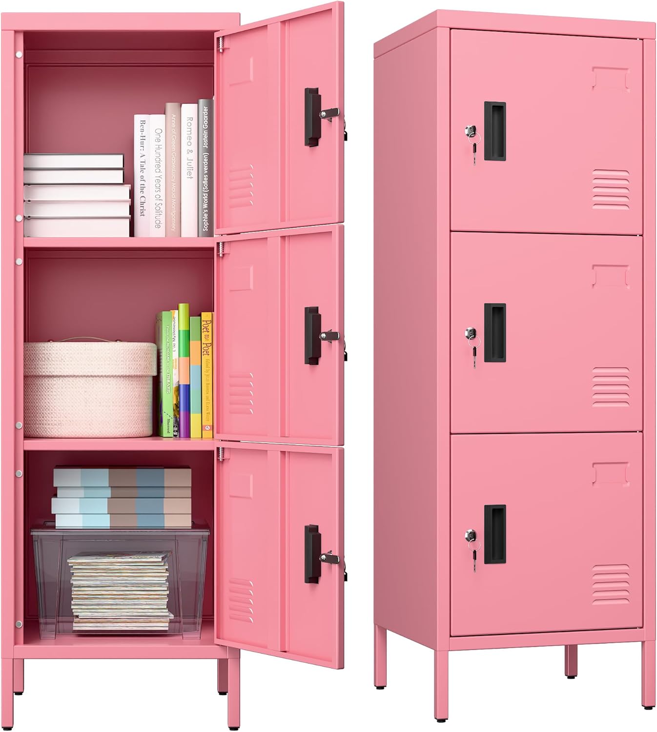 Metal Locker with Ventilation Holes, Metal Storage Cabinet with Lock and Card Slot for Home,School, Office, Garage,47.3" H x 15.8" W x 15.8" D,Assembly Required,Pink