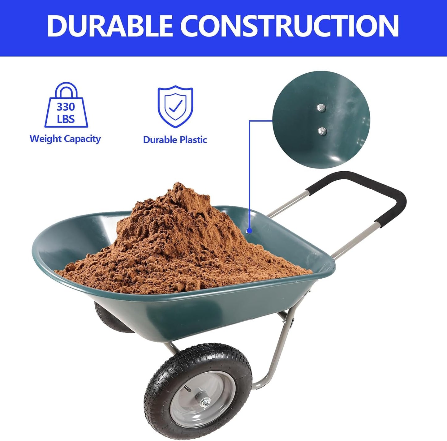 Dual Wheel Wheelbarrow, Heavy Duty Garden Cart, 300 lbs Capacity Utility Cart with Two 15 inches Pneumatic Tires for Outdoor Lawn Yard Farm Ranch (Green)