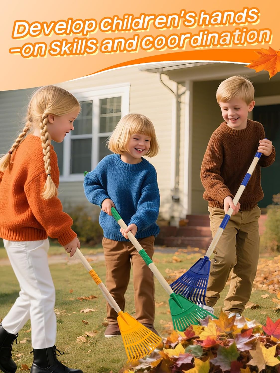 4 Pcs 34" Lightweight Kids Rakes with Wood Handle - Plastic Garden Rake for Leaves, Safe to Use Kid Yard Tools for Boys Girls Fall School Outdoor Activities (Red, Yellow, Blue, Green)