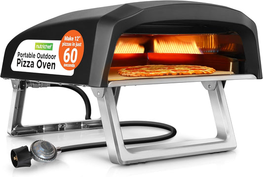 NutriChef Portable Outdoor Gas Pizza Oven - Includes Foldable Feet, Adjustable Heat Control Dial, Burner, Stone & Regulator Hose - Cooks 12" Pizza in 60 Seconds - 25.24'' x 16.14'' x 12.40'' IN