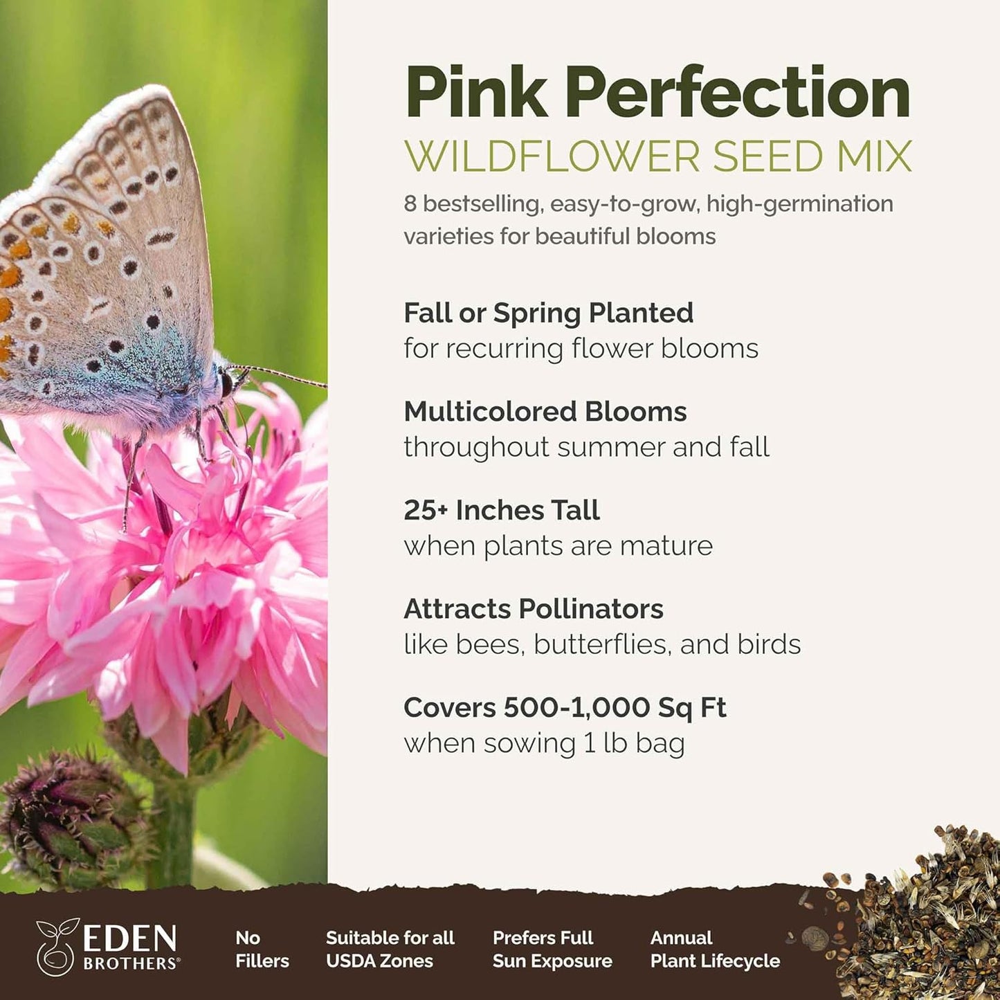 Eden Brothers Pink Perfection Flower Mixed Seeds for Planting, 1 lb, 480,000+ Seeds with Zinnia, Cosmos Versailles | Attracts Pollinators, Plant in Spring or Fall, Zones 3, 4, 5, 6, 7, 8, 9, 10