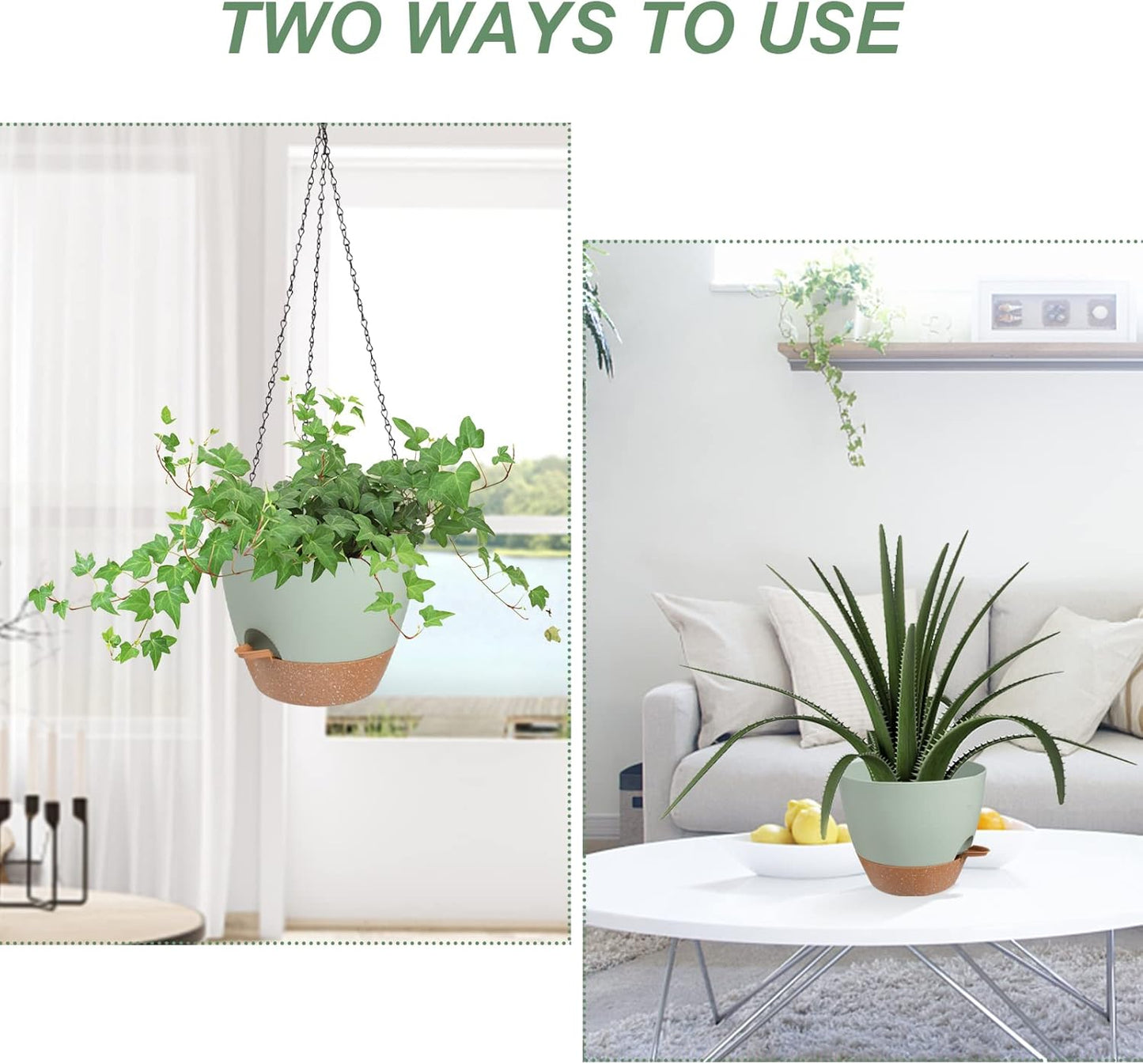 Hanging Planters for Indoor Outdoor Plants, 2 Pack Self Watering Hanging Pot with Drainage Holes & Removable Tray (Green, 8'')