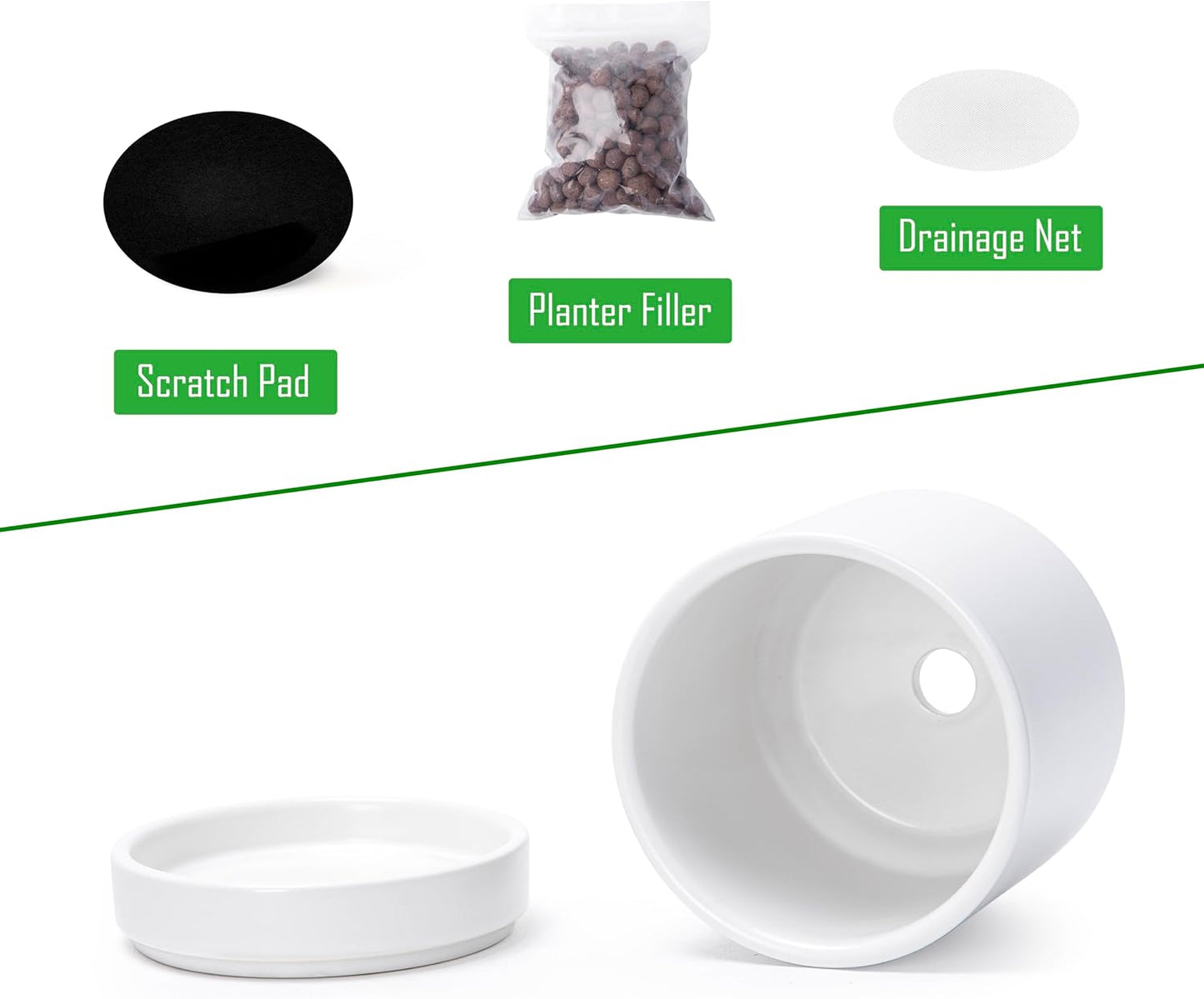 D'vine Dev 4.7 Inch Ceramic Planter Pot with Drainage Hole and Saucer, Indoor Cylinder Round Planter Pot, White, 94-O-B-1