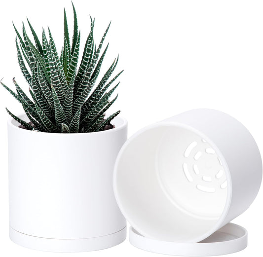 D'vine Dev 2 Pack 4.5 Inch Modern Plastic Plant Pots, Small Garden Planters for Plant with Drainage Holes and Saucers, White Color, 74-Z-F-1