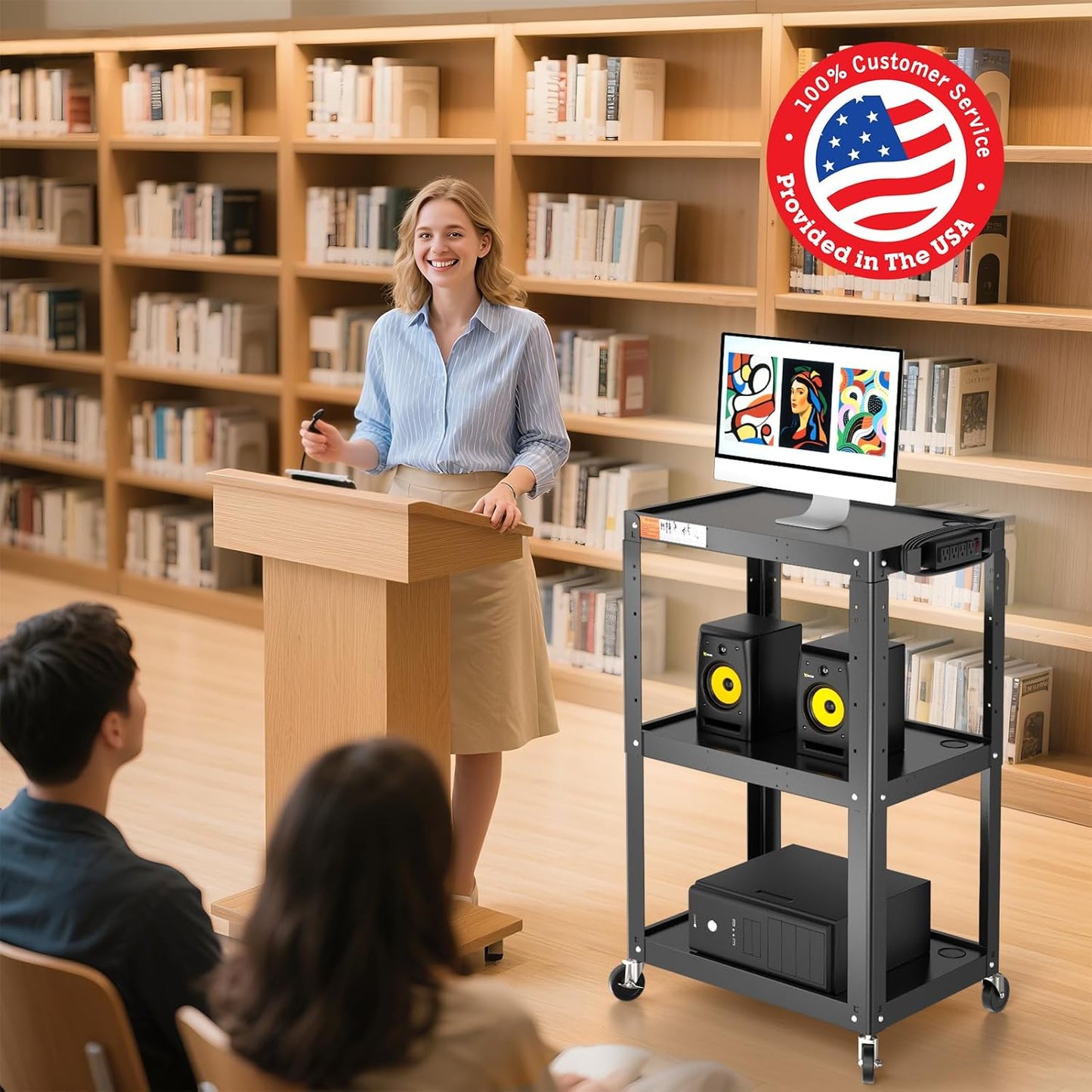 3 Shelf Metal Utility Cart with Wheels & Power Strip - Steel Mobile AV Cart for Video Projector, TV, Laptop, Computers, Printers - Height Adjustable Media Carts for Office Classroom Warehouse