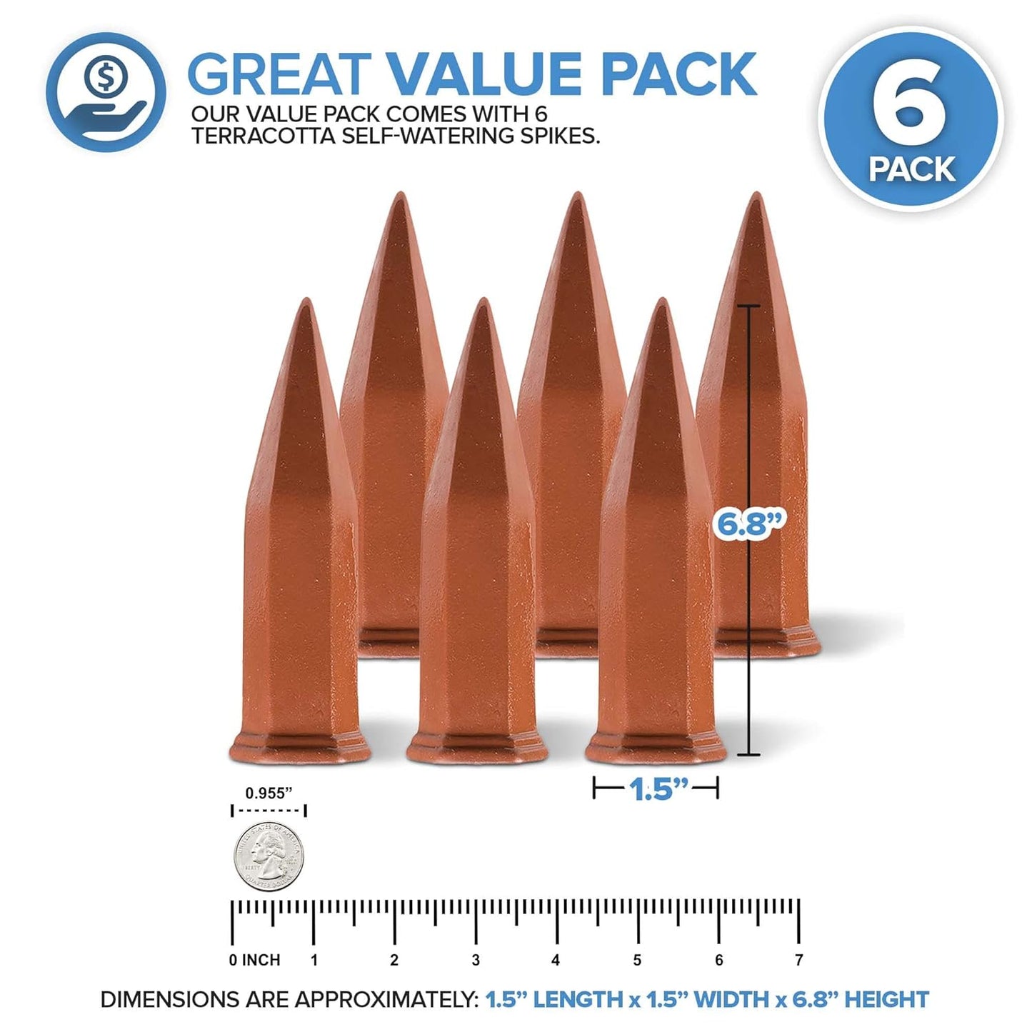 Modern Innovations Ceramic Terracotta Self Watering Spikes (6 Pack) Vacation Automatic Plant Waterer Devices, Indoor/Outdoor Planter Insert, Terra-Cotta Stakes for Potted Plants, Auto-Water System