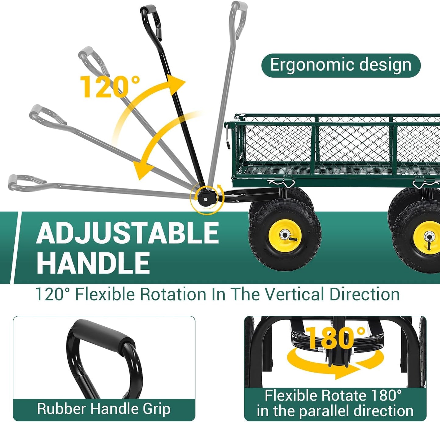 Heavy Duty Steel Garden Cart, 550 LBS 3 in 1 Pullable Metal Garden Wagon with 10" Wheels, 180° Rotating Handle and Removable Sides for Farm, Yard