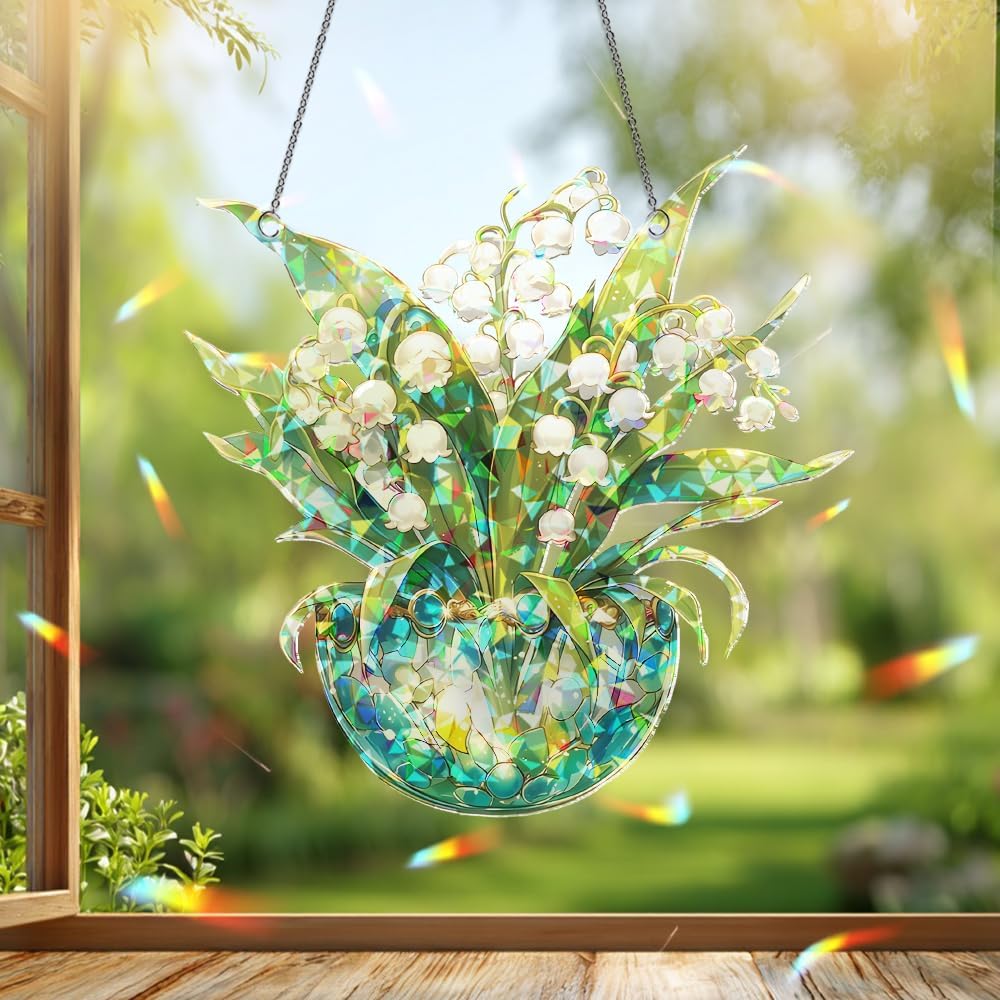 Lily of The Valley Acrylic Suncatcher – Stained Glass Ornament, Sun Catchers for Windows Hanging, Window Decor and Handmade Gift Idea, Gifts for Mom, Grandma, Nana, Plant Lovers