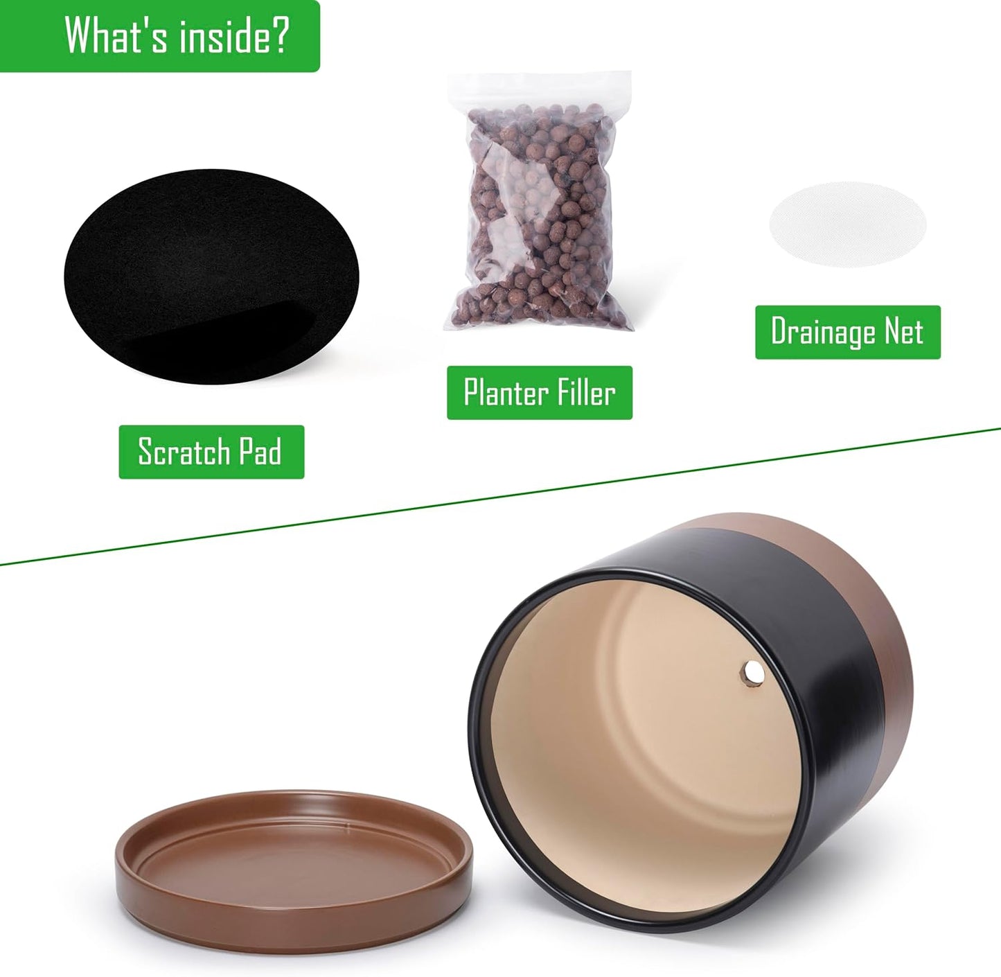 D'vine Dev 14 Inch Ceramic Planter Pot with Drainage Hole and Saucer, Indoor Cylinder Round Planter Pot, Black/Speckled Tan, 94-O-G-7