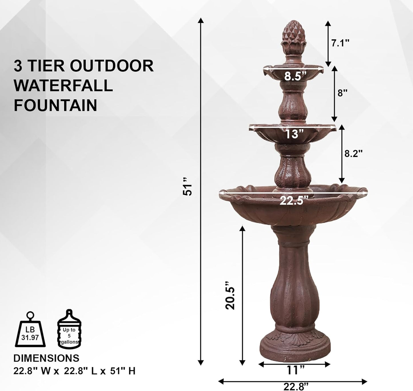 XBrand 3-Tier Freestanding Waterfall Fountain w/Pump & Pineapple Top, 51 Inch Tall, Brown, Large Outdoor Garden Fountain, Ideal for Garden, Porch, and Lawn