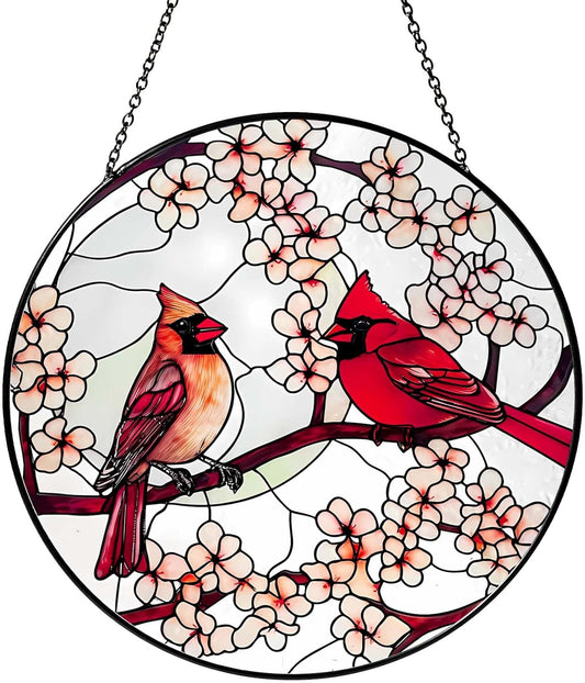 Cardinal Sun Catcher Stained Glass Window Hanging Cardinal Decor Gifts for Women Handmade Sun Catcher Decoration for Garden Home Housewarming Gift Valentine's Day Gifts（6 inch）