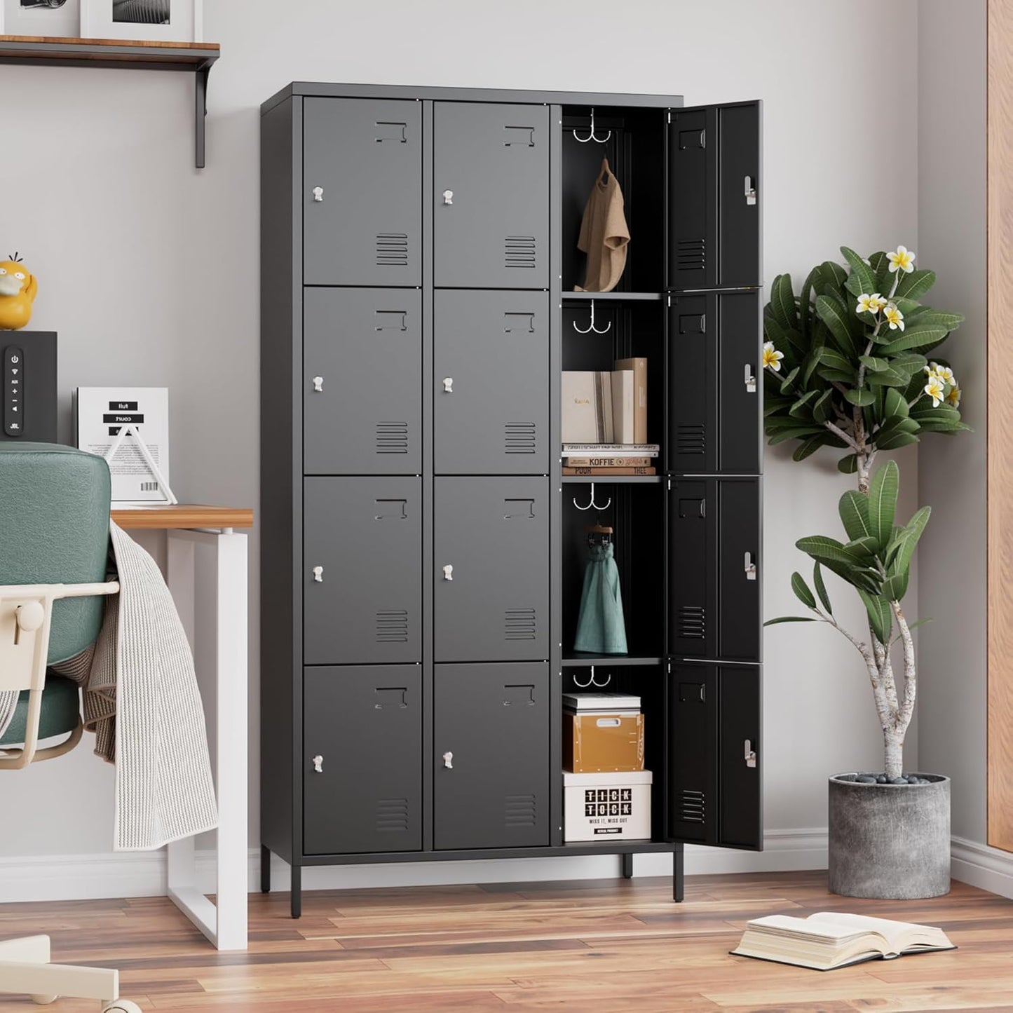 Aobabo 12 Doors Metal Storage Locker for Employees, Storage Locker with Name Card Slot for Garage School Office Gym, Black, Assembly Required