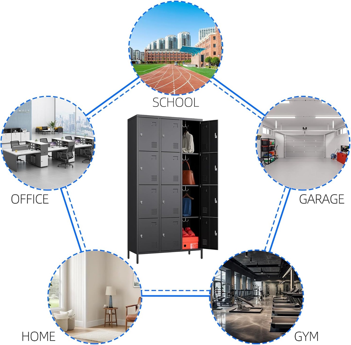 12 Doors Metal Locker for Employees with Business Card Holder,Metal Locker with 12 Hooks and Ventilation Holes for School Garage Office Gym Home,Assembly Required,Black