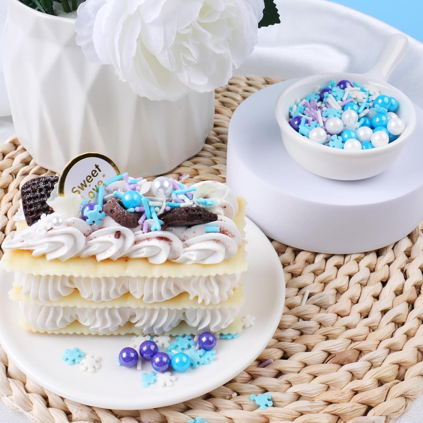 Snowflake Sprinkles for Cake Decorating, Jimmies & Pearl Sugar Mix for Cupcakes, Cookies, Ice Cream & Holiday Desserts, Birthday Party Supllies