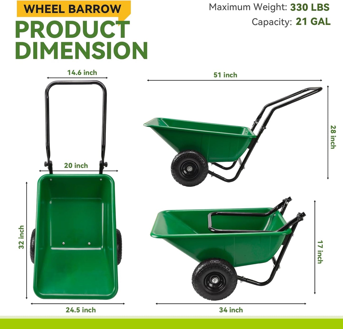 Folding Dual-Wheel Wheelbarrow,Heavy-Duty 330 LB Garden cart,10 inch Air-Filled Tires,Home Garden Yard Utility for Outdoor Lawn Yard Farm Ranch(Green)