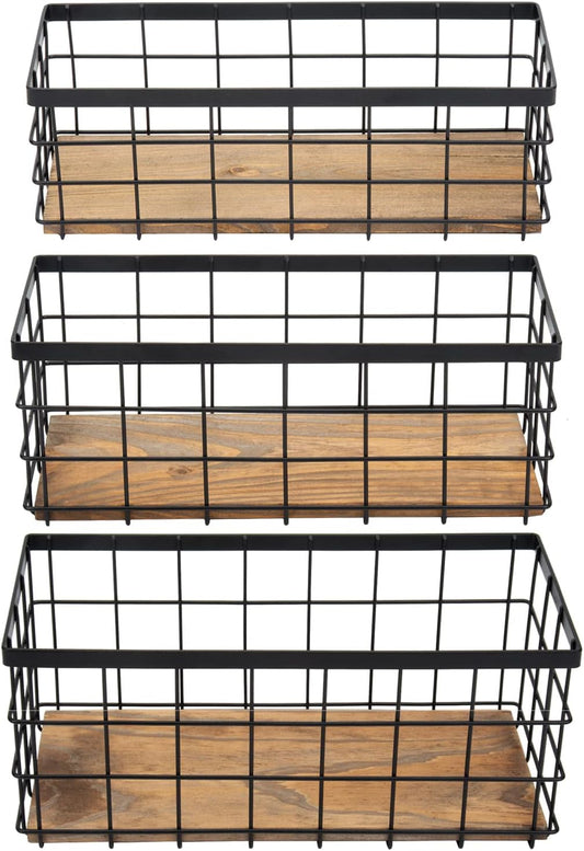 TIEYIPIN Farmhouse Decor Metal Wire Storage Baskets, Wood Base Containers Organizing Basket Caddy Bin for Kitchen Cabinets, Bathroom, Pantry, Garage, Laundry Room, Closets - Small - Black (Set of 3)