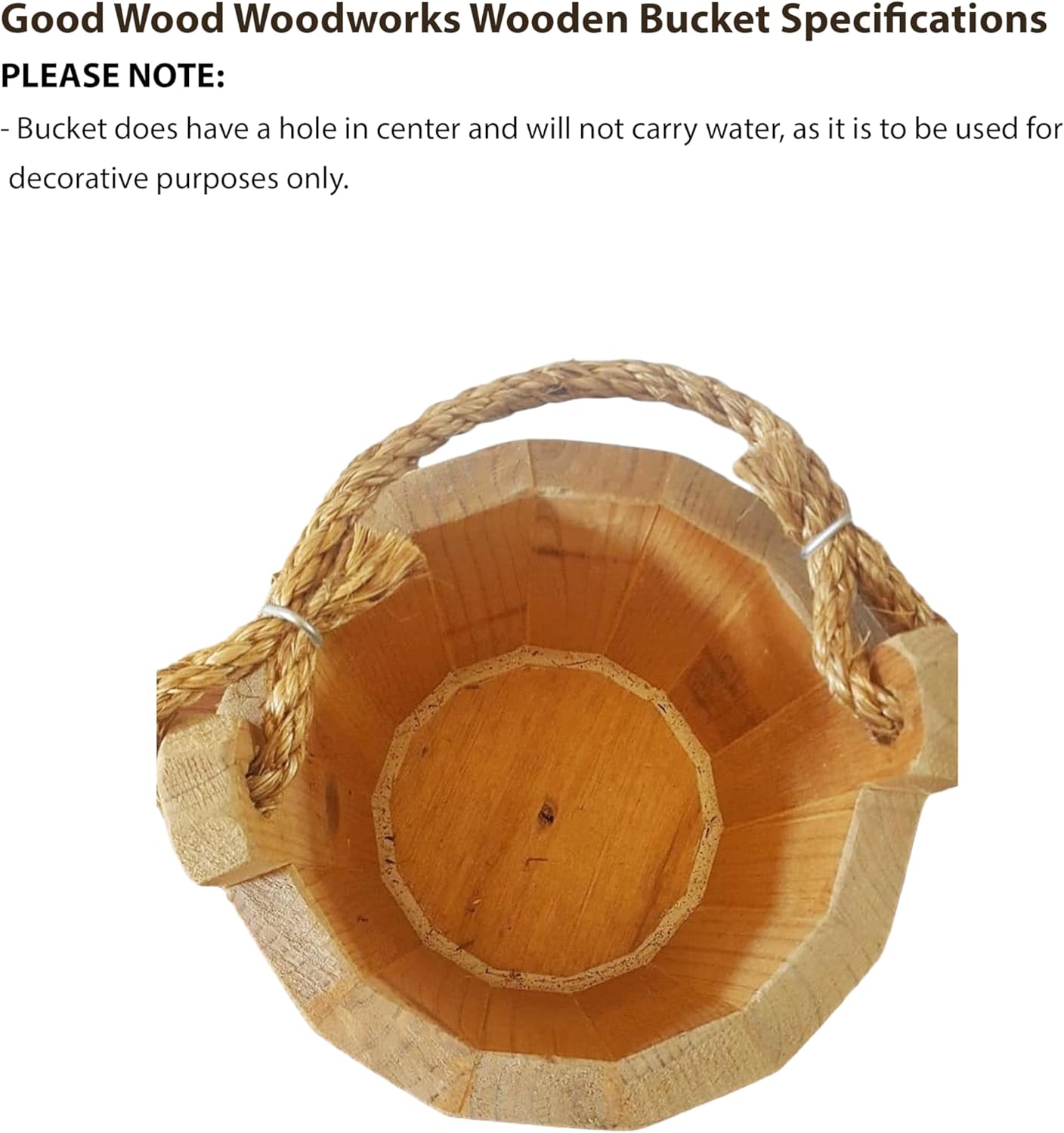 Good Wood - Wooden Bucket 8" x 10" Water Wishing Well Pail with Rope Twine Handle Solid Wood Vintage Style Primitive Planter - Made in The USA