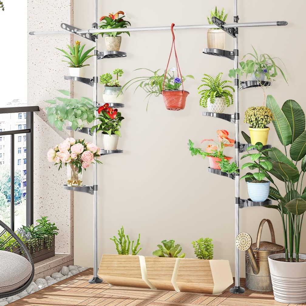 Hershii Expandable Plant Stand Double Tension Poles Holder Indoor Metal Flower Display Racks Floor to Ceiling Tall Decorative Storage Shelf with 12 Trays, 2 Arms & 1 Hanging Rod - Grey
