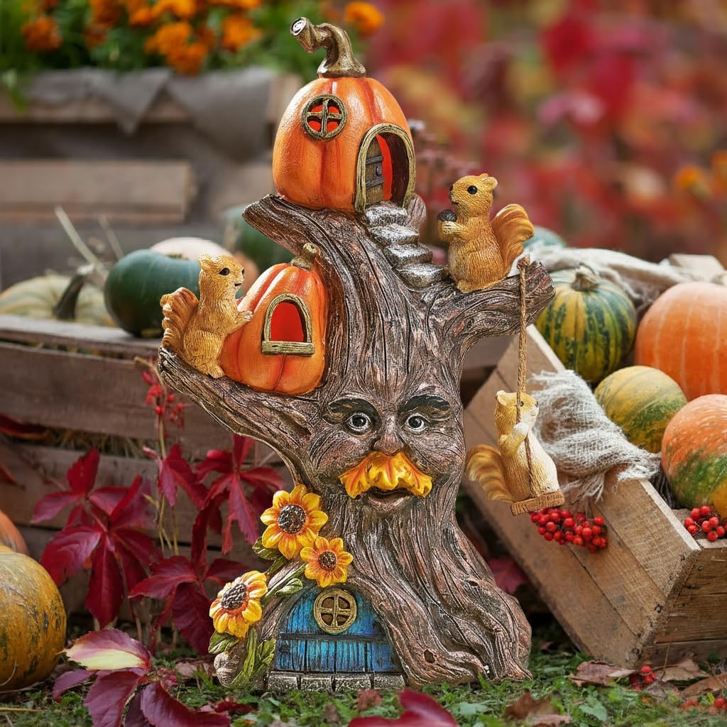 TERESA'S COLLECTIONS Fall Decor, Pumpkin Decor, Tree Spirit and Squirrels Pumpkin House with Solar Lights, Outdoor Fall Decor Waterproof Resin, Fall Gift Outdoor/Indoor,11"