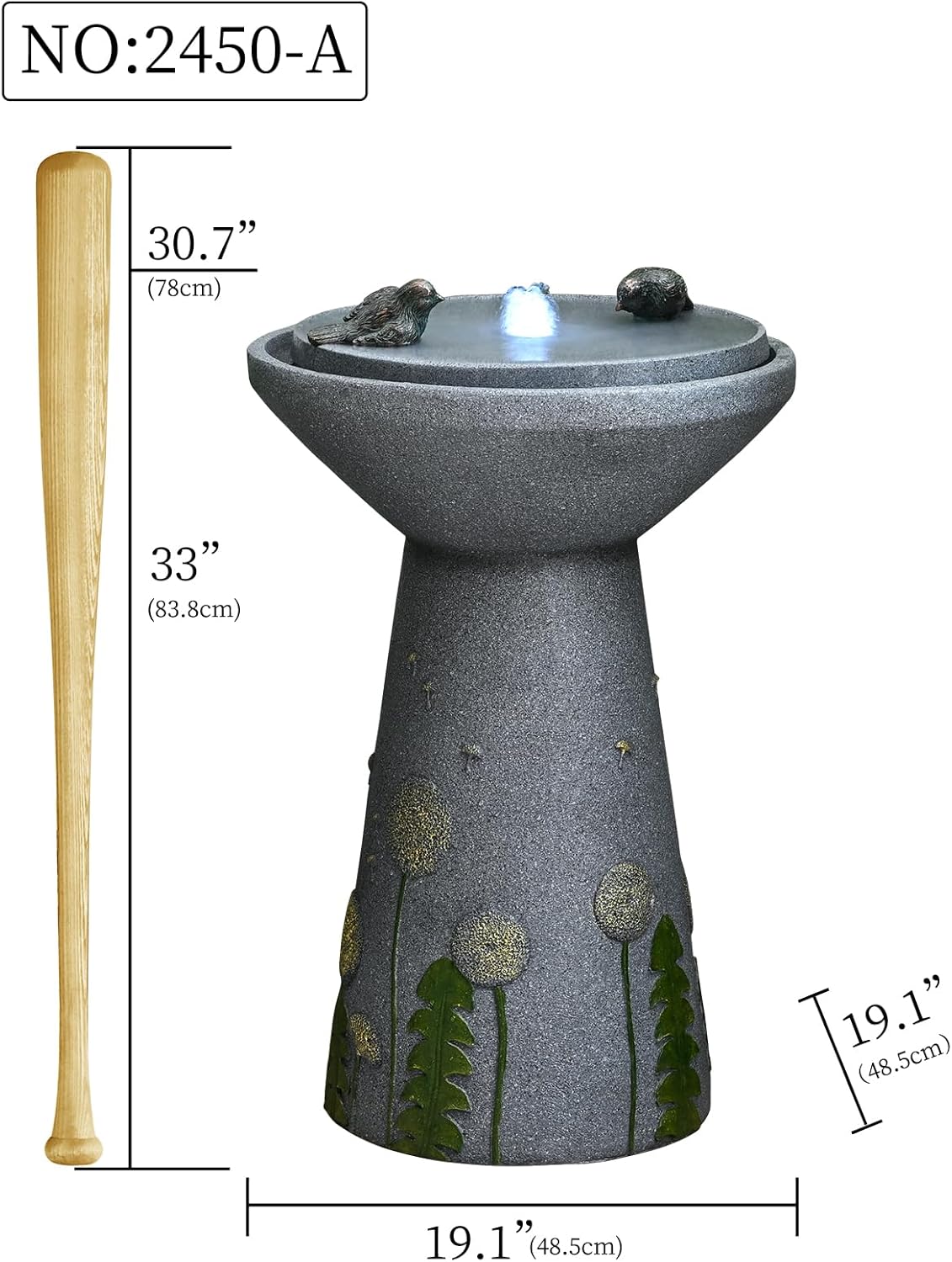 30.7" Outdoor Garden Floor-Standing Water Fountain with LED Light and Pump, Two Birds Embossed Pattern Pedestal Ceramic Watefall for Patio, Backyard, Deck, Porch and Home Art Decor (30.7" Two Birds)