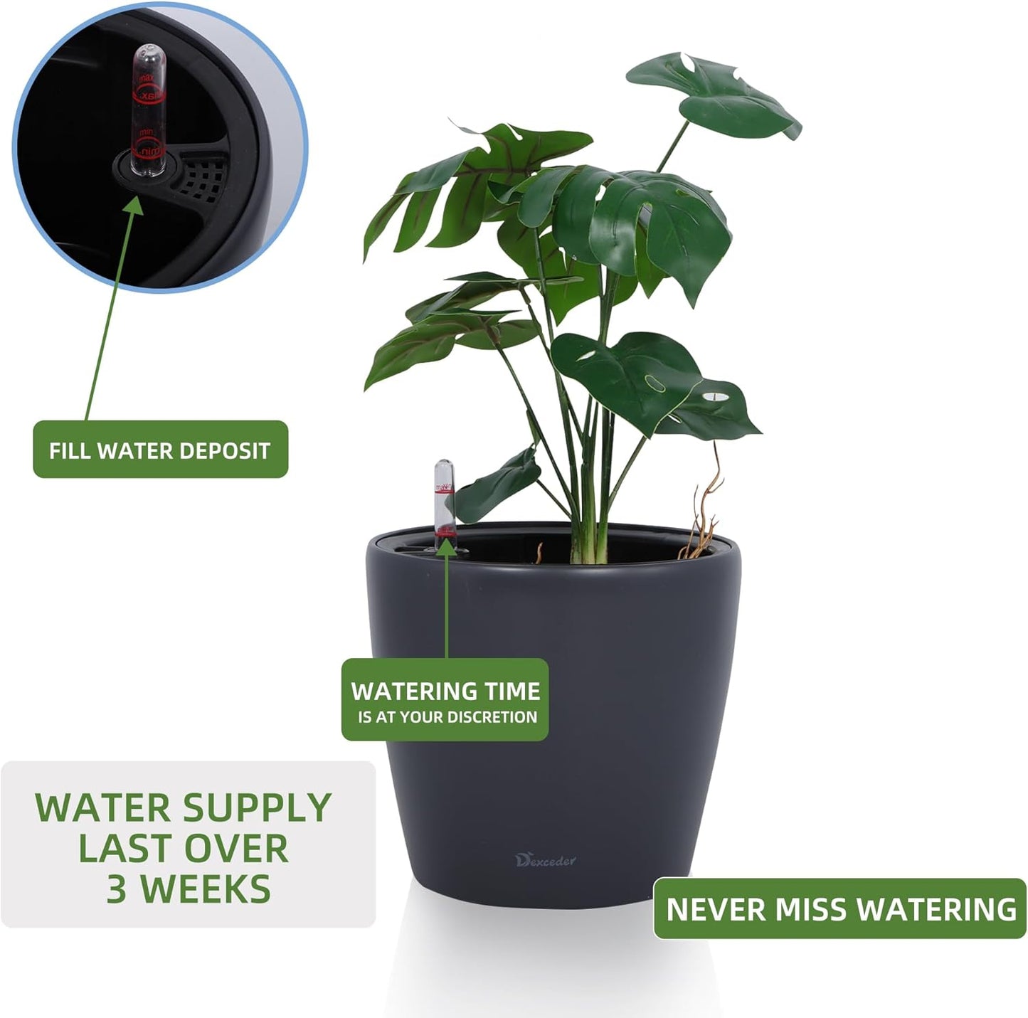 Dexceder 11x10 Inches Self Watering Planter Indoor Outdoor, Inner Pot Design, Thickened Table Flower Plant Pot with Water Level Indicator (Slate Gray Matte)