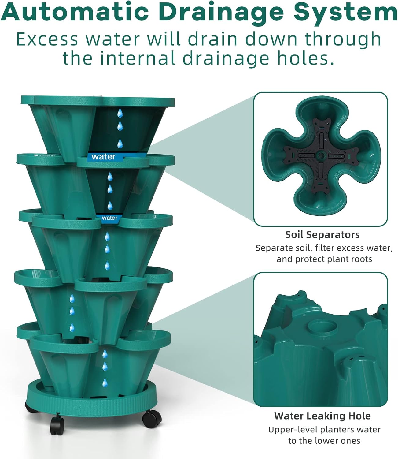 Strawberry Stacking Planters, Vertical Garden Tower, 3 Tiered Stackable Herb Vegetable Planters with Movable Casters and Bottom Saucer Indoor and Outdoor - Hunter Green