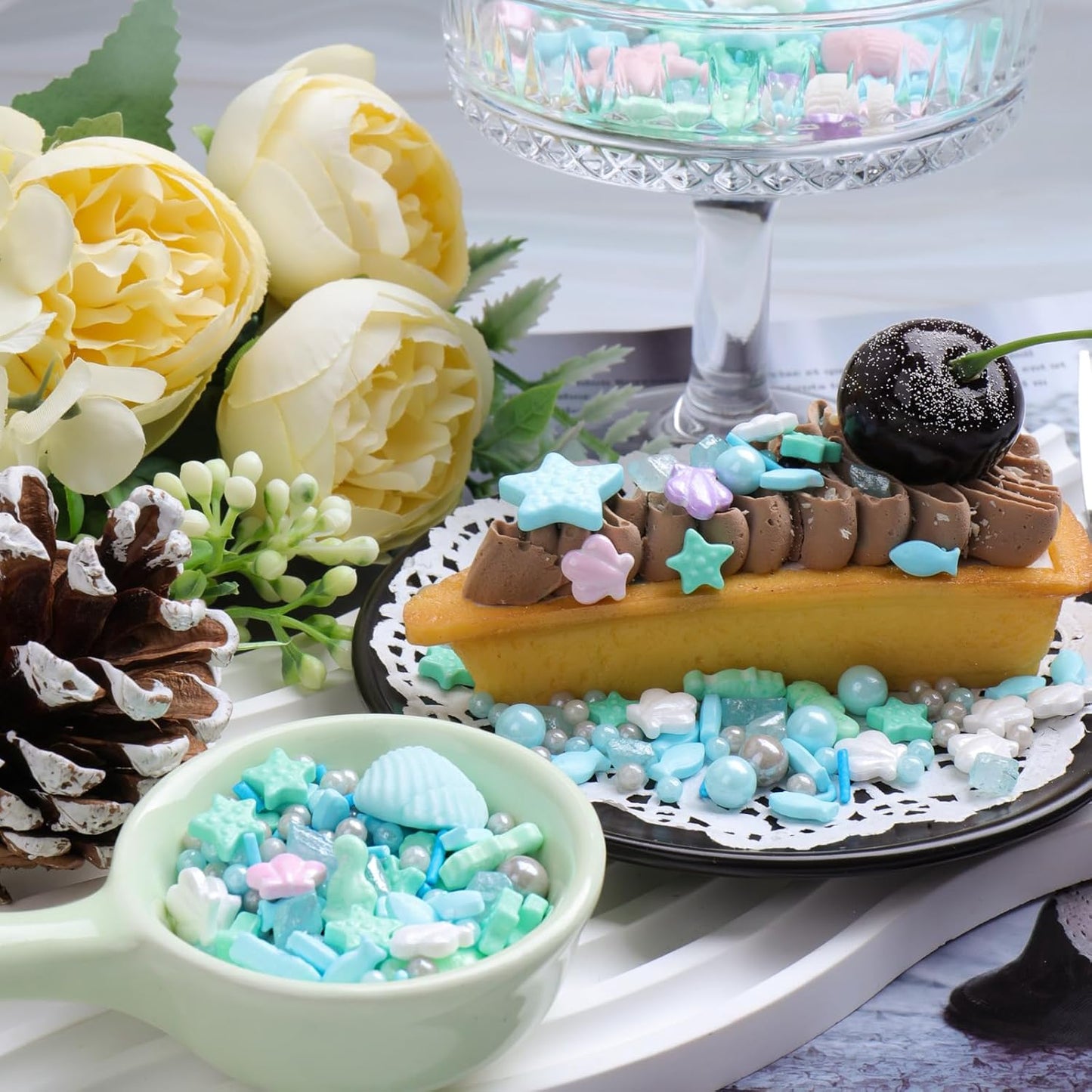 Ocean Sprinkles for Cake Decorating, Shell, Seahorse, Starfish, Fish & Pearl Sugar Mix for Cupcakes Cookies and Ice Cream Toppings