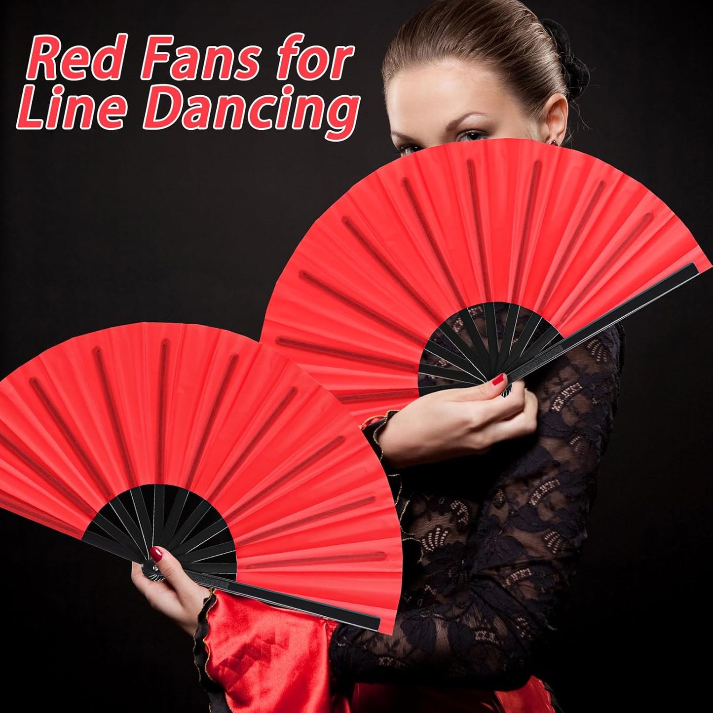 Blulu 4 Pcs 13 Inch Large Folding Hand Fans for Line Dancing Big Clapping Popping Raves Fans Bulk for Dancing Boots on The Ground Festival Party Decoration(Classic Style, Red)