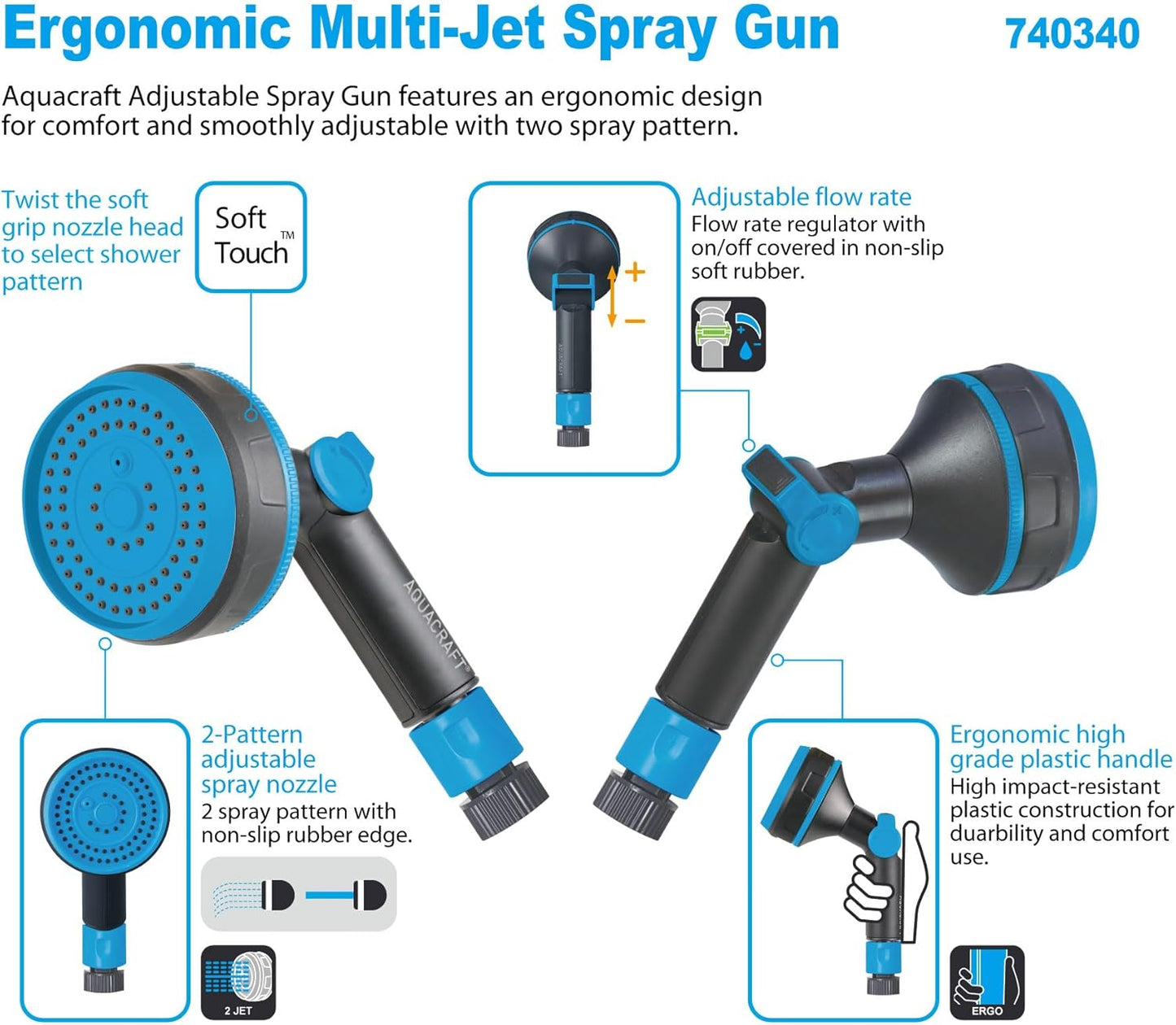 Garden Hose Nozzle, Ergonomic 2-Pattern Water Hose Nozzle Spray Gun, Adjustable comfort spray gun with thumb control for Garden, Plants, Car Wash, Cleaning, Showering Pets